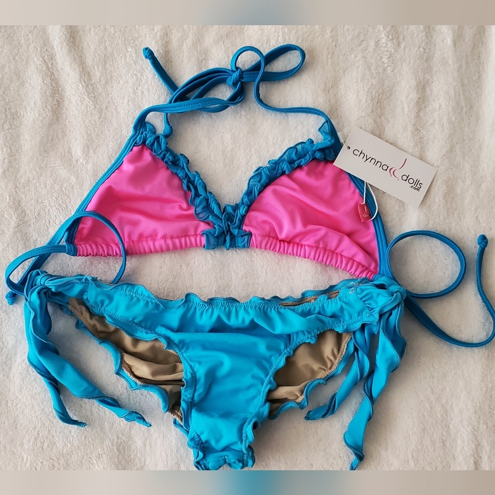Chynna Dolls Pink and Blue Ruffle Bottom Bikini Set